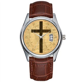 Montre à quartz pour homme - Style décontracté - Étanche - Date - Classique - En cuir marron - Pour Noël - Croix chrétienne - Pl