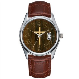 Montre à quartz pour homme - Style décontracté - Étanche - Date - Classique - En cuir marron - Pour Noël - Croix chrétienne - Pl