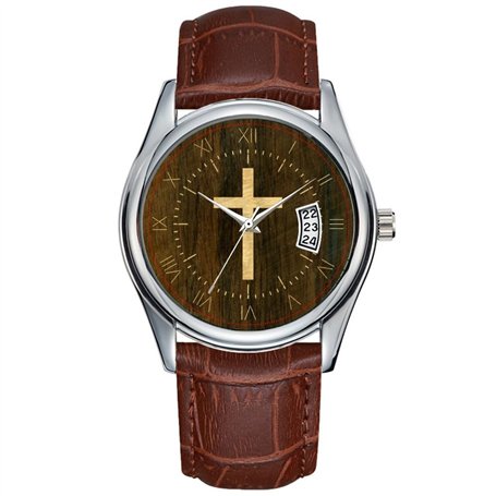 Montre à quartz pour homme - Style décontracté - Étanche - Date - Classique - En cuir marron - Pour Noël - Croix chrétienne - Pl
