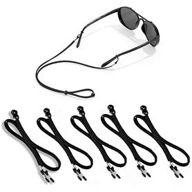 STOUUMOW Lot de 5 sangles de lunettes noires - Cordon universel en cuir antidérapant et réglable pour tour de cou de lunettes -