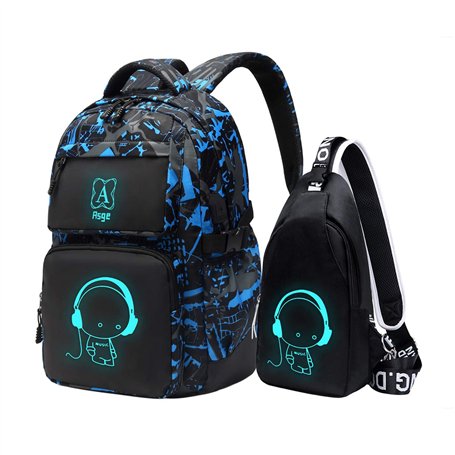 2 Ensembles Sac à Dos école à la Mode Impression Cartable garçons Sport Casual Poitrine Pack Sac à Dos pour Ordinateur Portable