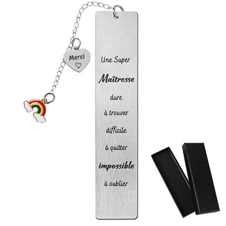 BETESSIN Marque-Page Maîtresse en Acier Inoxydable avec Chaîne et Breloque Arc-en-ciel Cadeaux Merci Maîtresse d'École Fin d'Ann