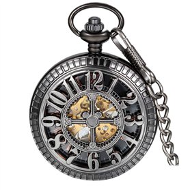 JewelryWe Montre de Poche Gousset Squelette Croix Chiffres Mécanique Manuel Pendentif Collier Alliage Fantaisie pour Homme et Fe