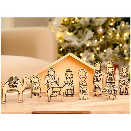 WONDROUS' DECO Crèche de Noël miniature en bois avec figurines à collectionner