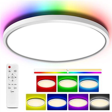 BURNNOVE Plafonnier LED RGB 24W 3200LM Lampe Plafond 3000-6000K Dimmable 8 Niveaux Luminosité Etanche IP54 avec Télécommande 7 R
