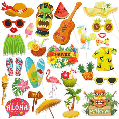 30pcs Accessoire Photobooth Hawaii Kit Hawaïen Photographique Luau Flamant Fête Plage Décoration d’été pour Vacances Mariage Ann