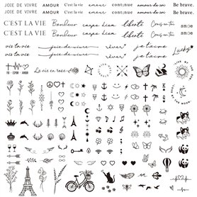 3 Feuilles Tatouage Temporaire Français Faux Tatouage Ephémère Etanche Couleur Noire Décoration Fête Cadeau pour Femme Fille