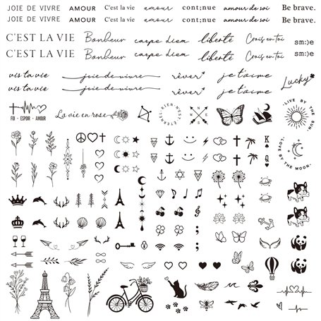 3 Feuilles Tatouage Temporaire Français Faux Tatouage Ephémère Etanche Couleur Noire Décoration Fête Cadeau pour Femme Fille