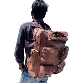 Sac à dos en cuir véritable pour homme - Vintage - Sac à dos multi-poches - Sac à dos de voyage décontracté - Marron - Taille XL