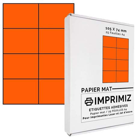 200 étiquettes autocollantes Orange fluo de 105 X 74 mm - 8 étiquettes/feuille - 25 planches papier A4 adhésif couleur - pour im