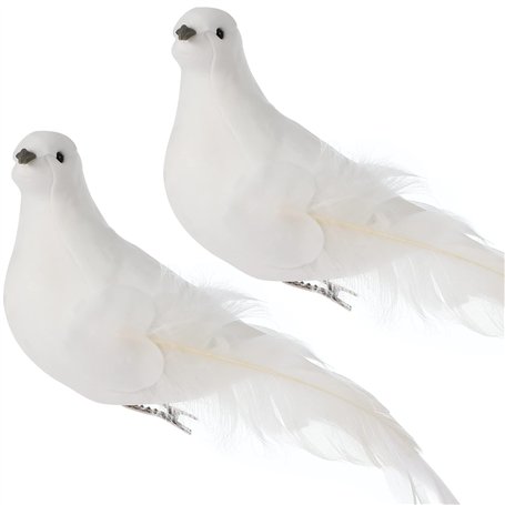 Lot de 2 oiseaux artificiels en forme de tourterelle for décoration - Colombes artificielles - Oiseaux blancs - Pigeons en mouss