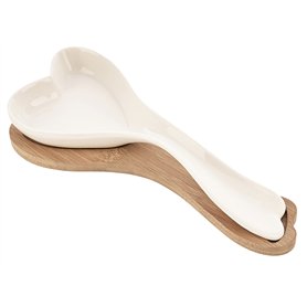 Support cuillère de cuisine en céramique blanche avec soucoupe en bois en forme de cœur