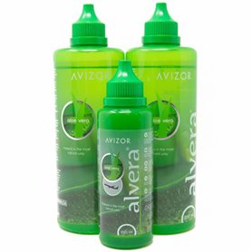 Avizor Alvera - Solution pour Lentilles avec Aloe Vera - Pack 2x350ml + Flacon 100ml Idéal pour les Voyages - Nettoyage et Désin