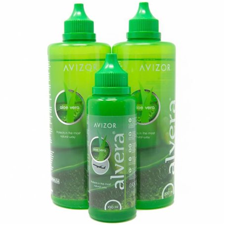 Avizor Alvera - Solution pour Lentilles avec Aloe Vera - Pack 2x350ml + Flacon 100ml Idéal pour les Voyages - Nettoyage et Désin