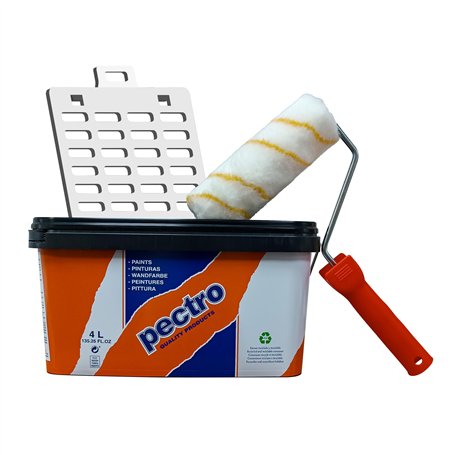 PECTRO Set Peinture blanche mur et plafond 4 Litres + Rouleau + Grille | Interieur Exterieur Enterrés - Acrylique et lessivable