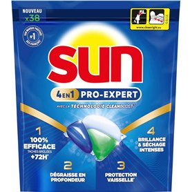 Sun - Pro Expert - Capsules Lave Vaisselle - Action 4 en 1 - Regular - Elimine 100% des taches brûlées de +72h - dégraissent en