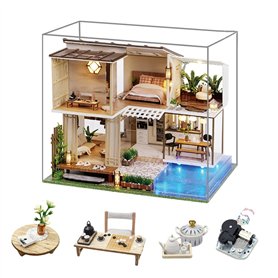erhumama Nouveau Style Chinois Duplex Villa Musique Maison de poupée avec Housse Anti-poussière Kits de Meubles DIY Maison de po