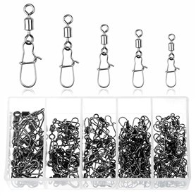 JSUOEO Lot de 125 émerillons de pêche #2#4#6#8#12 en acier inoxydable roulements à billes 8-28 kg avec mousqueton Accessoires de