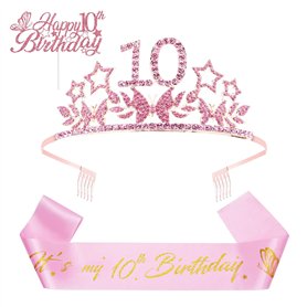 olyee Couronne Anniversaire 10 Ans avec Écharpe Satin Happy Birthday et Cake Topper Anniversaire Glitter Rose Or Décoration de G