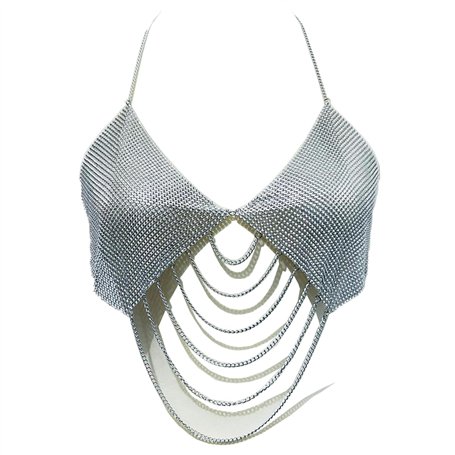 SAKNYUFO Luxueux collier chaîne en aluminium argenté chaîne de poitrine bikini - accessoire de plage tendance pour les fêtes et