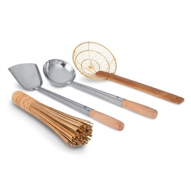 Craft Wok Tools 732W9 Lot de 4 ustensiles de cuisine traditionnels asiatiques avec manche en bois Louche