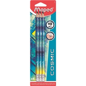 Maped - Crayons Graphite HB #2 Black'Peps Tatoo Cosmic Teens - à Papier en Bois Avec Gomme - Forme Ergonomique - 6 Coloris Aléat