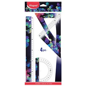 Maped - Set de Traçage 4 Pièces Deepsea Paradise - Règle 30 cm + Équerre 60° / 21 cm + Équerre 45° / 21 cm + Rapporteur 180° Bas