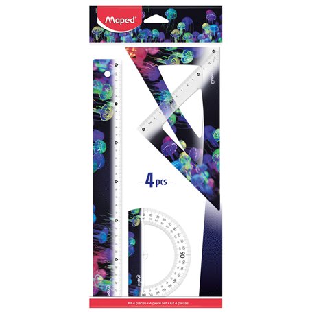 Maped - Set de Traçage 4 Pièces Deepsea Paradise - Règle 30 cm + Équerre 60° / 21 cm + Équerre 45° / 21 cm + Rapporteur 180° Bas