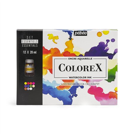 Pébéo - Colorex Boîte 12 Flacons 20 ml Assortis - Kit de Dessin Manga & Illustration Pébéo Colorex - L’Essentiel Colorex Encre A