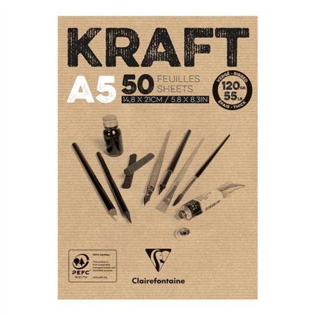 Clairefontaine 975814C Bloc Encollé Papier Kraft - 50 Feuilles Papier Kraft Vergé Brun A5 14