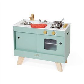 Janod - Cuisine en Bois Loft - Jouet d'Imitation Cuisine et Dinette - Style Vintage et Contemporain - 7 Ustensiles Métal et Gant