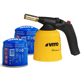VITO - Lampe à souder Allumage piezo Coque ABS Verrou de sécurité Poignée ergonomique + 2 cartouches 190gr butane