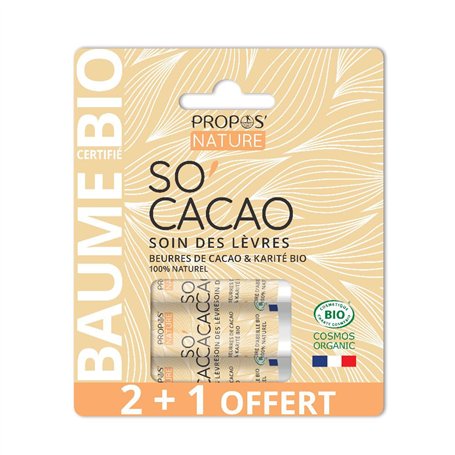 Stick à lèvres So'Cacao Bio - LOT 2 +1 OFFERT - Beurre de karite et de Cacao - 100% naturel - Fabriqué en France -3x3