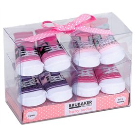 BRUBAKER - Chaussettes bébé - Lot de 4 Paires - Fille 0-12 Mois - Coffret cadeau Naissance/Baptême - Fun Sneaker/Baskets - Rose