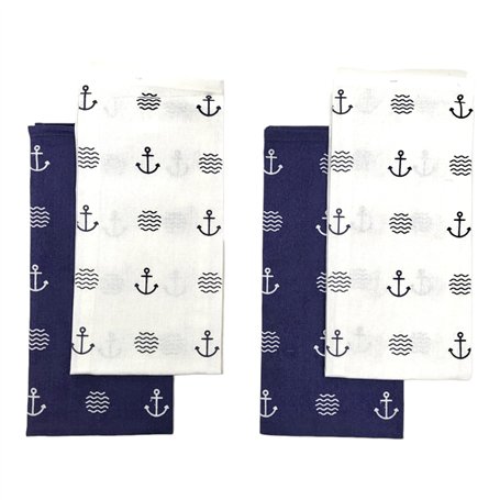 BUSDUGA 4349 Lot de 4 torchons de cuisine style marin 60 x 40 cm 100 % coton Motif ancres et vagues