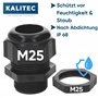 Lot de 10 presse-étoupes Kalitec M25 en plastique de 8,0 à 14 mm - Zone de serrage - Contre-écrou M25 en plastique noir - Passe-