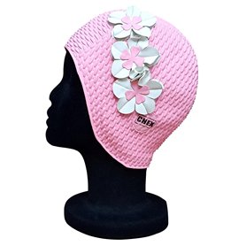 CHEX Lucca Waffle Bubble Bonnet de bain classique pour femme Motif floral 3 fleurs 2 rangées de couleurs Pétales 3D Style vintag