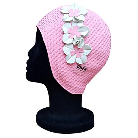 CHEX Lucca Waffle Bubble Bonnet de bain classique pour femme Motif floral 3 fleurs 2 rangées de couleurs Pétales 3D Style vintag