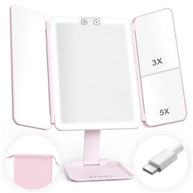 hajer Miroir Maquillage Rose Lumineux à LED Baby Pink + Pochette de Transport