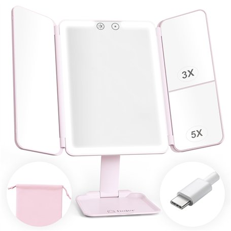 hajer Miroir Maquillage Rose Lumineux à LED Baby Pink + Pochette de Transport