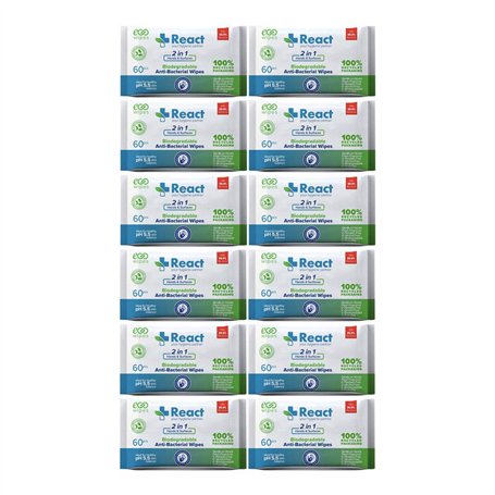 React Lot de 12 lingettes jetables 2 en 1 pour mains et surfaces Parfum frais biodégradable