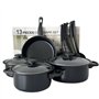 Herzberg HG04241, Batterie de Cuisine Antiadhésive 13 Pièces, Noir, Acier au Carbone Durable, Poignées Confortables, Couvercles 