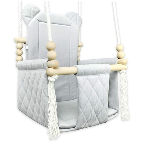 Balançoire pour bébé - Balançoire en bois - Armature en bois et coton - Gris - Jouet pour enfant - Maison de jardin - Siège bébé