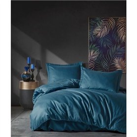 Parure de lit - 1 housse de couette 220 x 240 cm + 2 taies d'oreiller 60 x 60 cm - Satiné 100% coton - Bleu