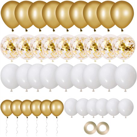 Elalove 70 Ballons Blancs et Dorés à Paillettes pour Mariage Anniversaire - Kit Décoration Fête avec 20 Ballons Or 12"