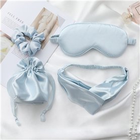 IYOU Ensemble de masques de sommeil en soie avec bandeaux et chouchous pour cheveux en soie de mûrier - Bleu - Masque occultant