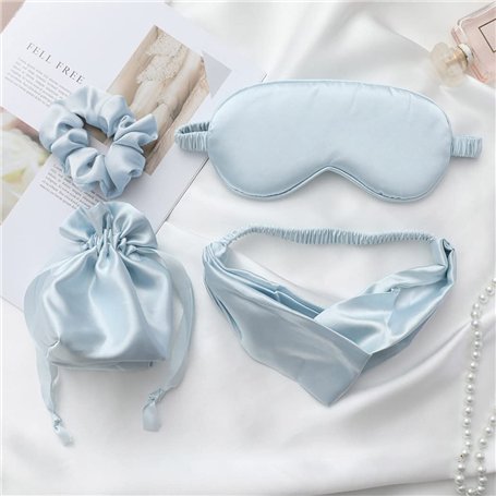 IYOU Ensemble de masques de sommeil en soie avec bandeaux et chouchous pour cheveux en soie de mûrier - Bleu - Masque occultant