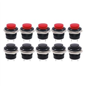 Lot de 10 interrupteurs momentanés à bouton-poussoir momentané - 16 mm - Rouge et noir - 3 A 250 V CA - 2 pôles - Mini interrupt
