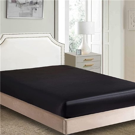 Drap Housse 180x200cm Satin Noir Bonnet 30 cm Microfibre Motif Drap de lit Soie Drap-Housse Uni Lisse Respirant pour Matelas Épa