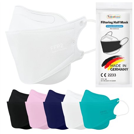 TubeRoo FFP2 Lot de 20 masques blancs en forme de poisson - Fabriqué en Allemagne - Certifié CE - Boucles d'oreilles souples - B